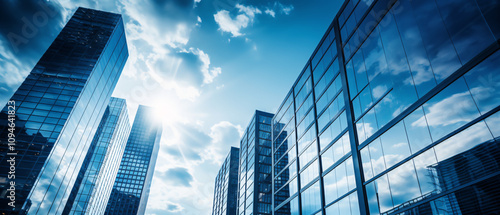 A low-angle shot of tall glass buildings under a cloudy sky, showcasing modern urban architecture.