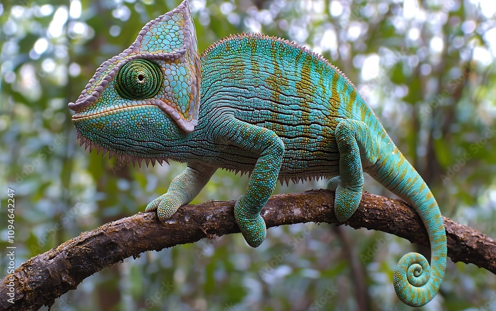Fototapeta premium Vibrant blue chameleon perched on a tree branch in lush green foliage.