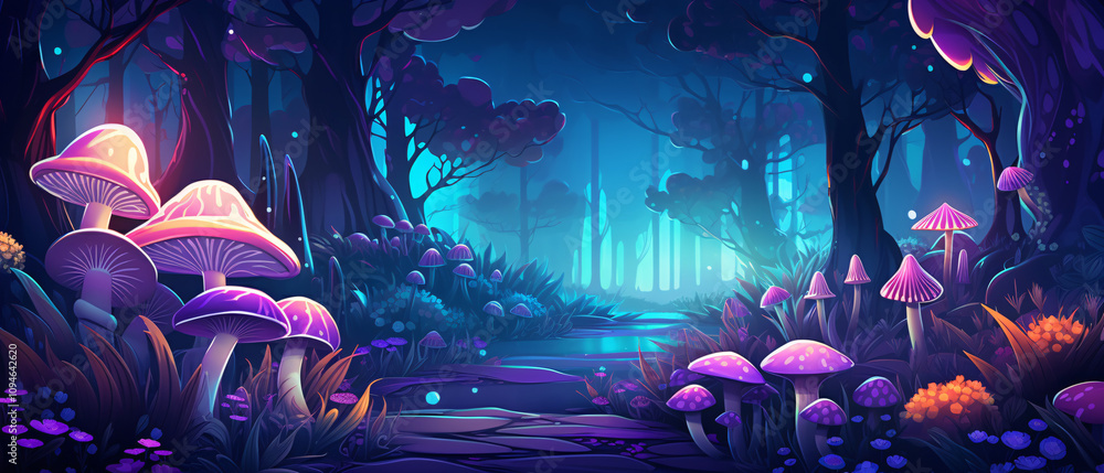Fototapeta premium Magic luminous mushrooms in a game-level vector landscape, glowing in a fantasy world with vibrant colors.