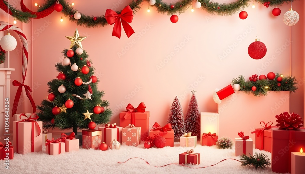 Christmas tree with presents and decorations in a pink room. Christmas tree with presents and decorations in a pink room.