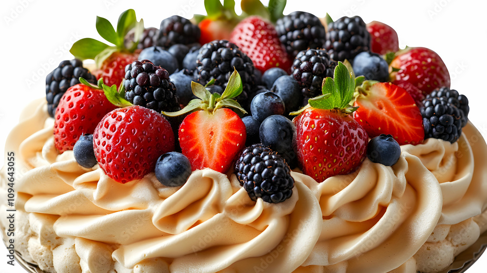 Creamy Meringue Pavlova Topped with Fresh Strawberries, Blackberries, and Blueberries Creamy Meringue Pavlova Topped with Fresh Strawberries, Blackberries, and Blueberries