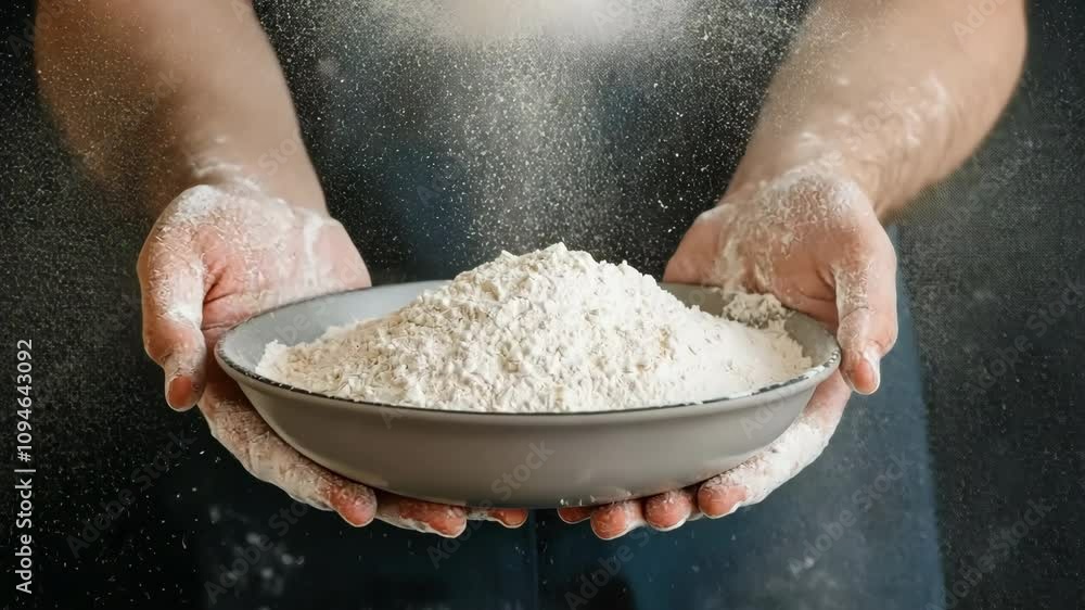 A person is holding a bowl of flour in their hands A person is holding a bowl of flour in their hands
