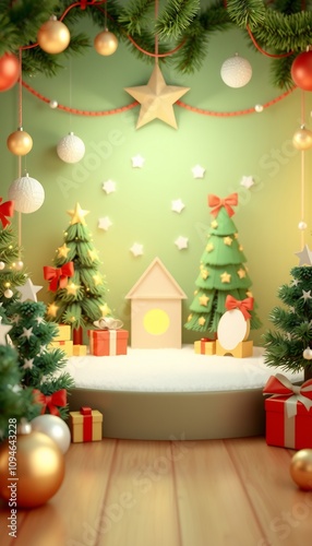 Festive Christmas scene with decorated trees and gifts, featuring a snowy podium and a wooden floor.