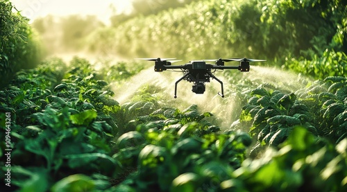 Drone spraying fertilizer on agricultural field at sunset