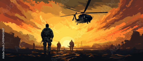 A military illustration featuring soldiers' silhouettes against an army-themed background, evoking strength and unity. photo