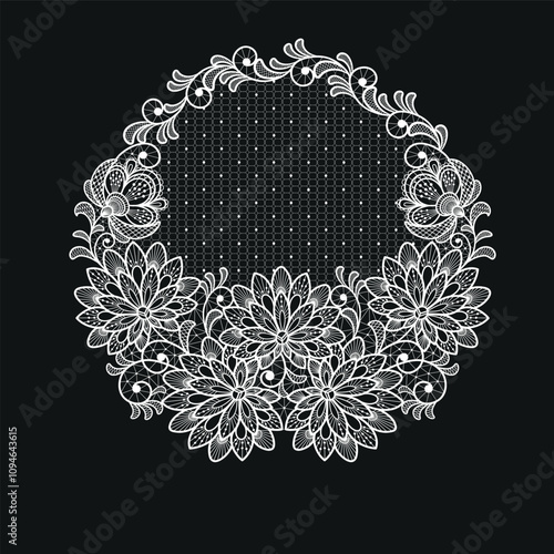 Round llace decoration element.White lace flowers.Vector handmade white lace branches with flowers.