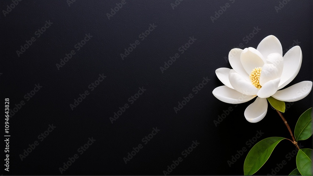 Obraz premium A white magnolia flower with a yellow center is displayed against a black background, accompanied by a green stem and leaves.