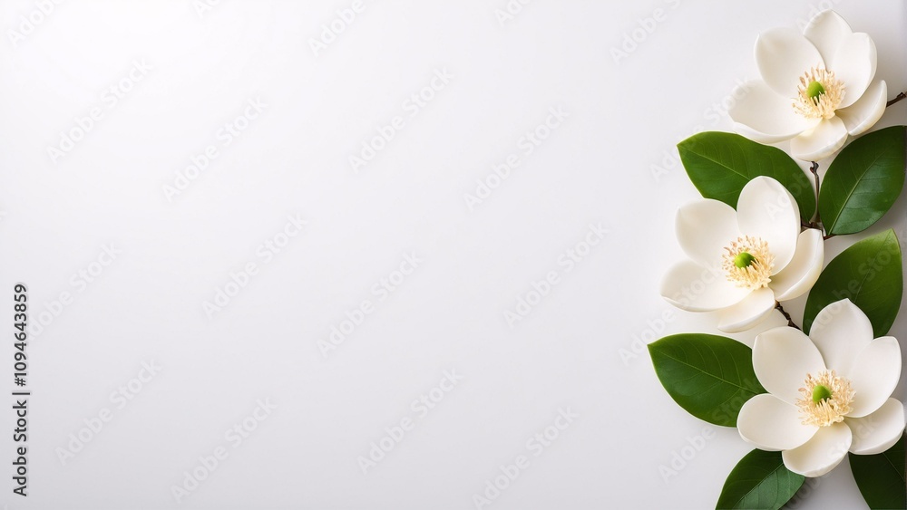 Three white magnolia flowers with green leaves are arranged diagonally on a white background. Three white magnolia flowers with green leaves are arranged diagonally on a white background.