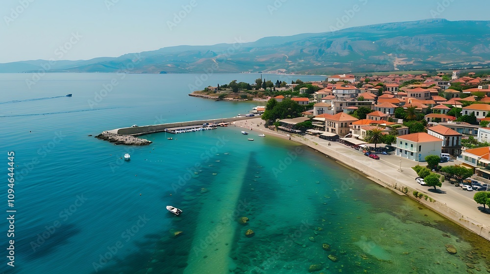 Aerial view of a coastal town with clear waters, boats, and scenic mountains in the background. Aerial view of a coastal town with clear waters, boats, and scenic mountains in the background.