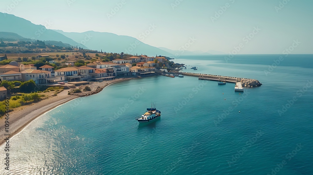 Fototapeta premium A serene coastal view featuring a small boat near a picturesque village and a calm sea.