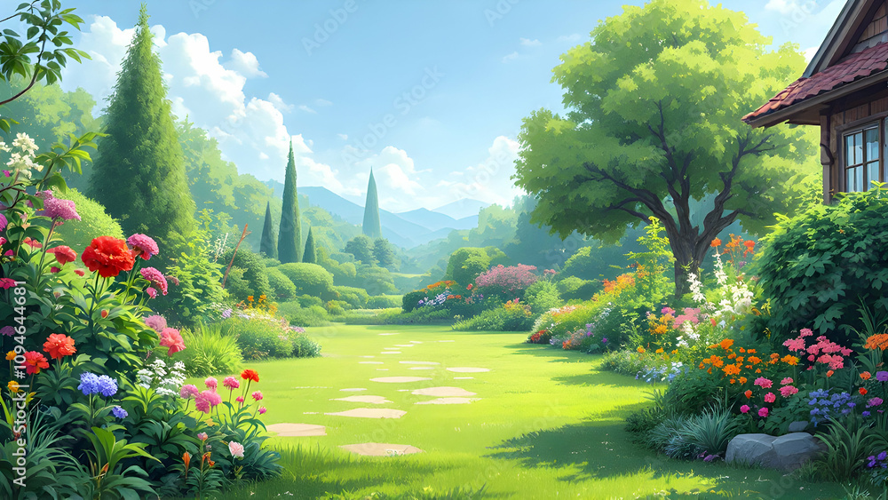 Obraz premium A picturesque garden scene unfolds, vibrant flowers bloom along a stone path leading towards a charming cottage nestled amidst lush greenery and rolling hills under a sunny sky.