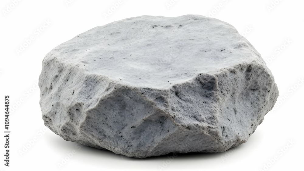 A single, large, grey boulder is shown isolated on a white background. Its surface is rough and textured. The rock has an irregular shape. A single, large, grey boulder is shown isolated on a white background. Its surface is rough and textured. The rock has an irregular shape.