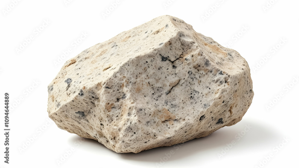 A single, irregularly shaped beige pumice stone with dark speckles is shown isolated on a white background. The texture is rough and porous. A single, irregularly shaped beige pumice stone with dark speckles is shown isolated on a white background. The texture is rough and porous.