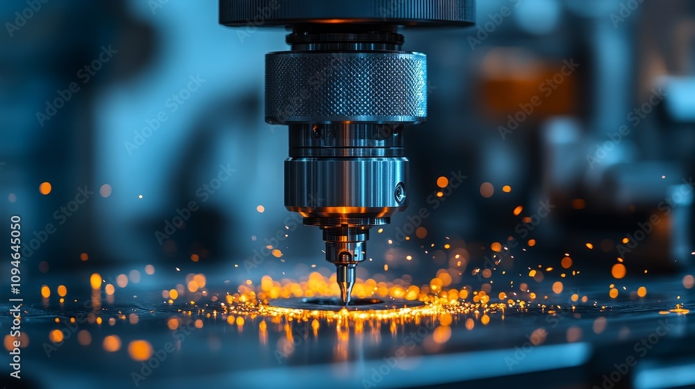 Close-up of a drill bit cutting through metal with sparks flying Close-up of a drill bit cutting through metal with sparks flying