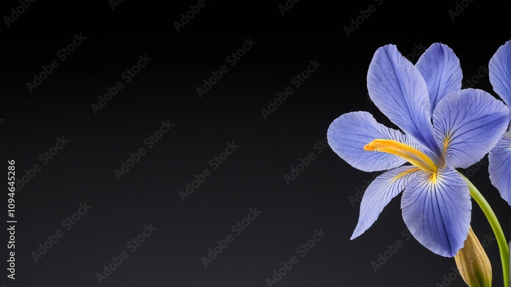 Fototapeta premium A single blue iris flower with a yellow center stands out against a black background, accompanied by a subtle gradient effect.