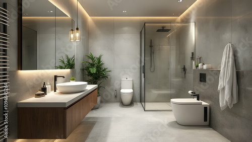 Sleek contemporary bathroom with gray tiles, glass shower enclosure, wooden vanity, and modern fixtures. Plants add a touch of nature. Minimalist and stylish. photo