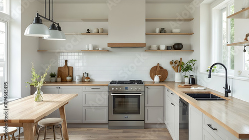 A contemporary kitchen features light wood countertops and a dining table, gray shaker cabinets, a stainless steel range, and black industrialstyle pendant lights.