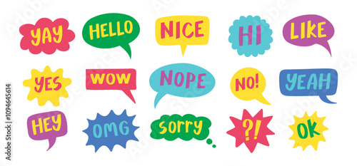 Thought bubbles handwritten words expressions, comic chat stickers collection. Speech clouds set. Funky typography design element, retro style messages. Like, yes, No, Wow and Ok.