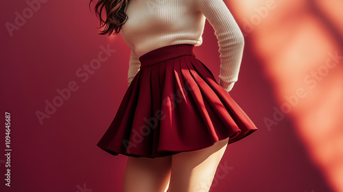 a woman wearing a maroon pleated short skirt, Ai generated images photo