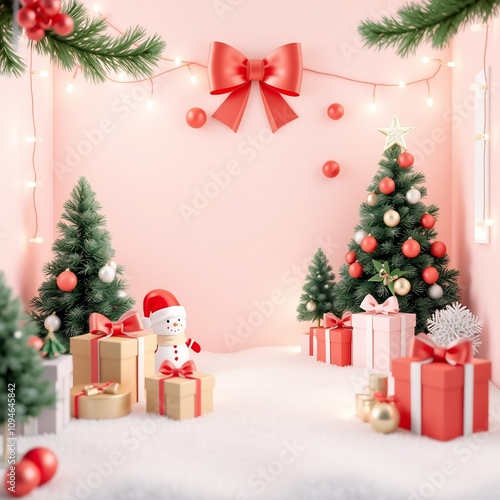 Festive Christmas scene with snowman, presents, and a decorated tree on pink background.