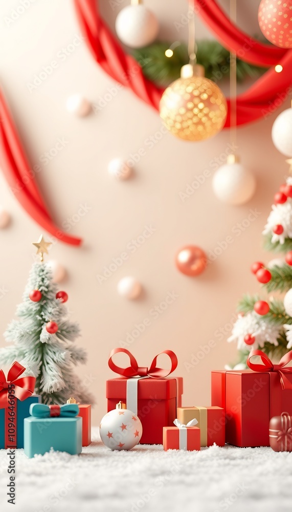 Red and white Christmas gifts, tree, ornaments and snowy surface. Red and white Christmas gifts, tree, ornaments and snowy surface.