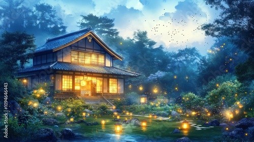 A serene night scene of a traditional house surrounded by glowing fireflies and lush greenery.