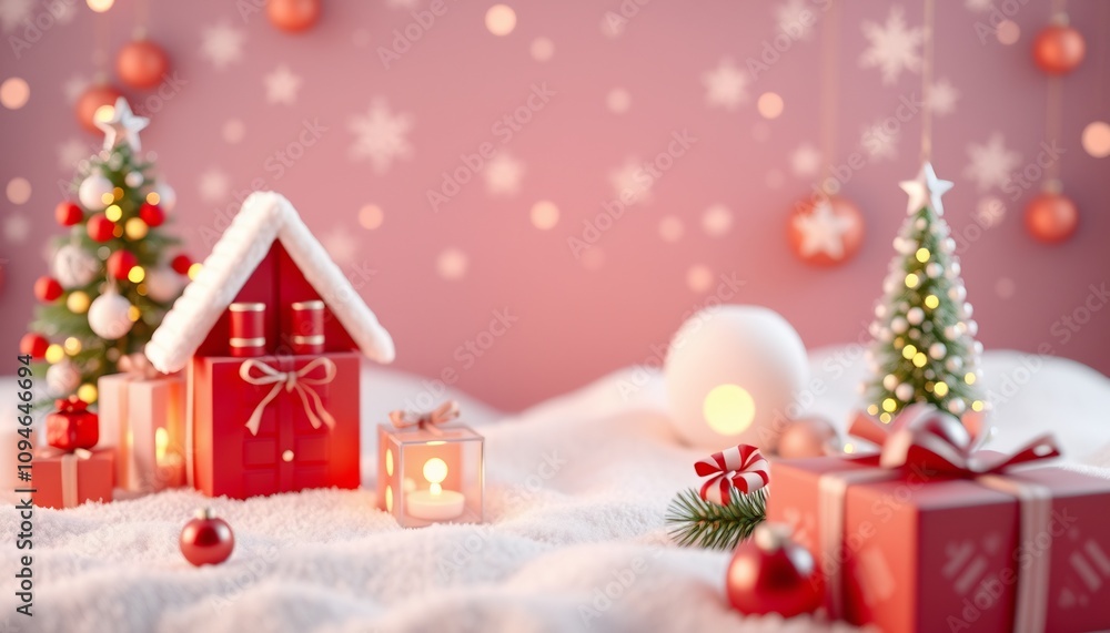 Festive winter scene with a red house, presents, Christmas tree and a glowing orb in the snow. Festive winter scene with a red house, presents, Christmas tree and a glowing orb in the snow.