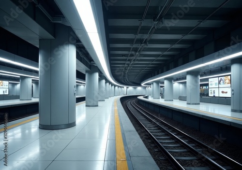 Modern subway station interior with curved tracks and bright lighting