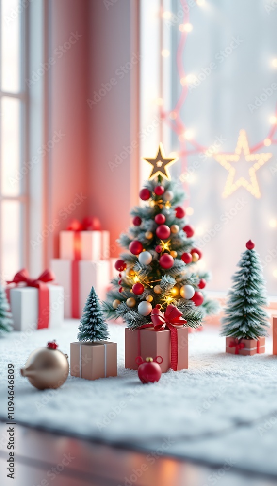 Small Christmas tree with red ornaments and gold star on top of a box, surrounded by gifts and snow. Small Christmas tree with red ornaments and gold star on top of a box, surrounded by gifts and snow.