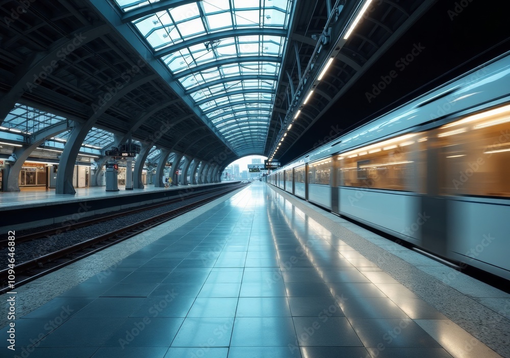 Modern subway station with a departing train at dawn highlighting urban architecture Modern subway station with a departing train at dawn highlighting urban architecture