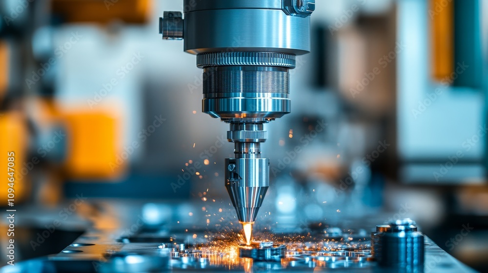Close-up of a CNC machine cutting metal with sparks flying Close-up of a CNC machine cutting metal with sparks flying