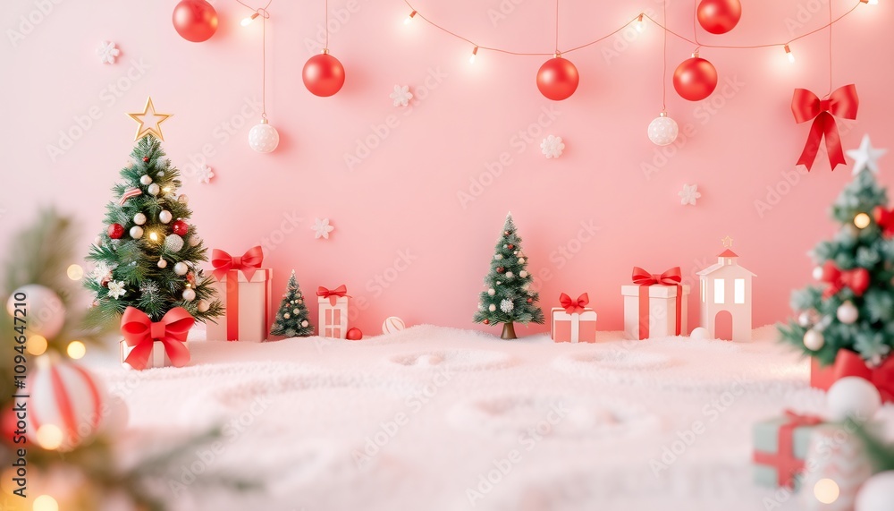 Festive Christmas scene with snowy ground, decorated trees, and gift boxes on pink background. Festive Christmas scene with snowy ground, decorated trees, and gift boxes on pink background.