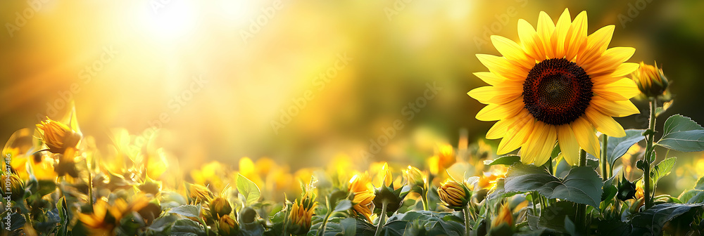 Obraz premium Vibrant Sunflower Blooms in Golden Sunlight, Summer Field Idyll