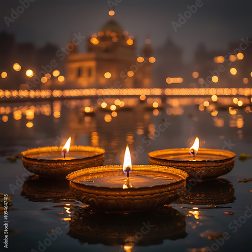 serene glow of oil lamps reflects on water, creating sacred atmosphere around illuminated temple. This enchanting scene captures essence of tranquility and devotion photo