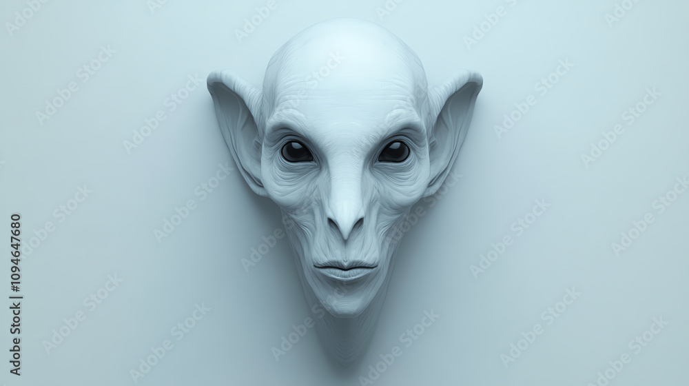 Naklejka premium A surreal, alien-like visage with elongated features, large black eyes, and pale skin, set against a minimalistic background.