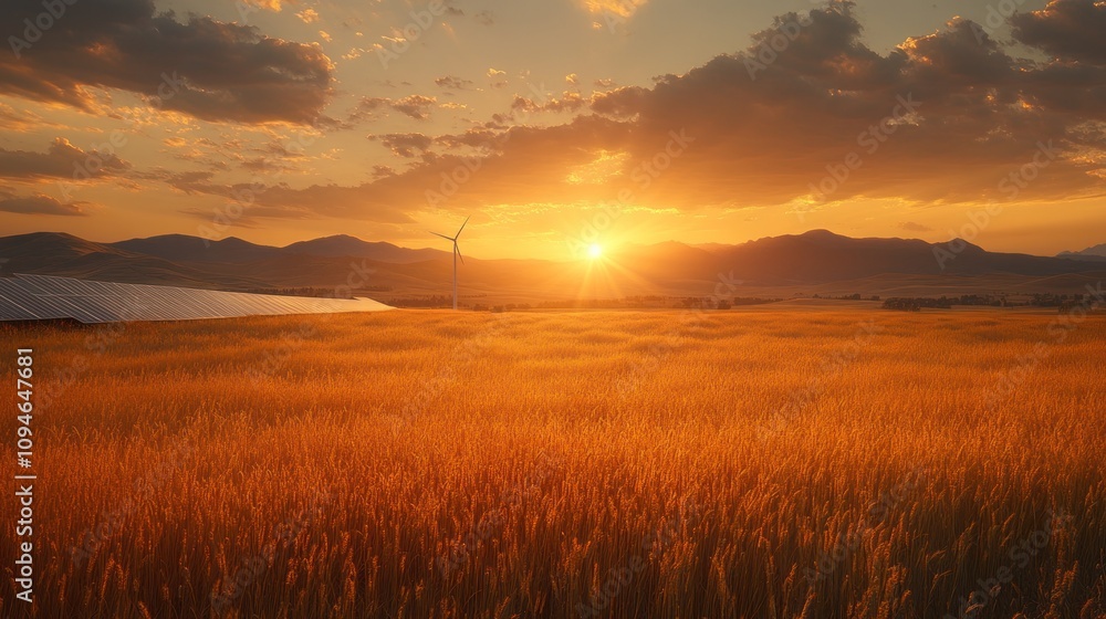 Golden sunset over field with wind turbine and solar panels. Golden sunset over field with wind turbine and solar panels.