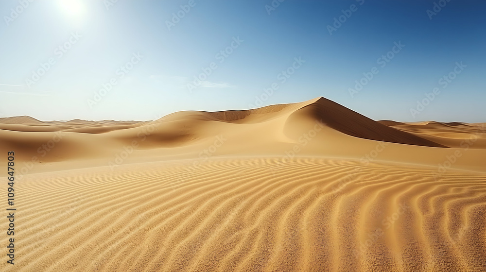 Golden Desert Dunes Under a Clear Blue Sky, a Panoramic View of the Sahara's Undulating Landscape. Golden Desert Dunes Under a Clear Blue Sky, a Panoramic View of the Sahara's Undulating Landscape.