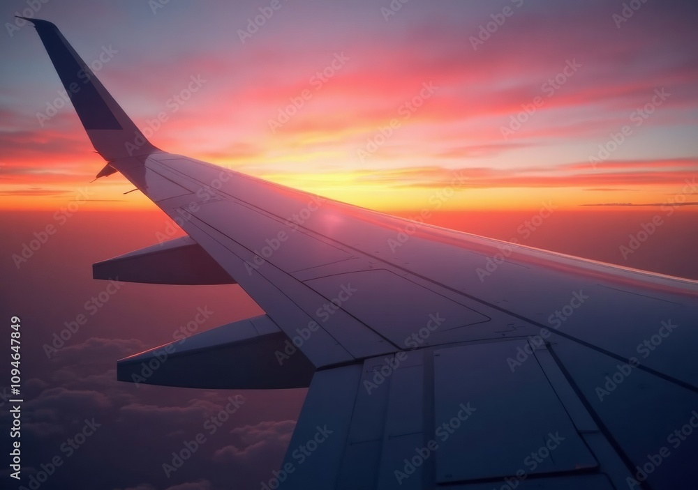Obraz premium Vibrant sunset viewed from an airplane wing during evening flight over clouds