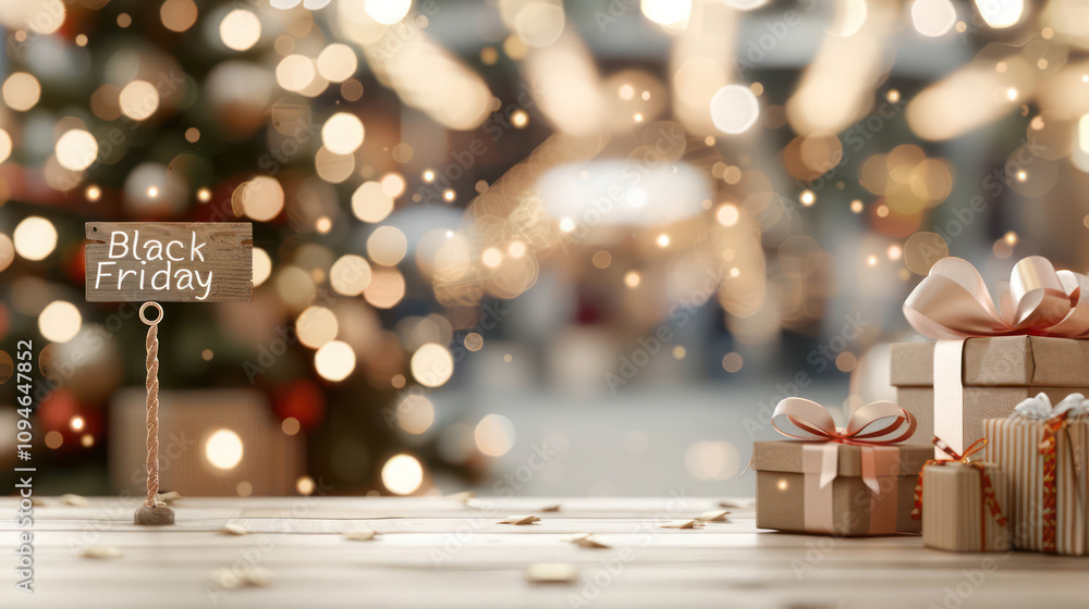 Festive Christmas Scene with Presents and Black Friday Sign in Soft Focus, Ideal for Holiday Shopping Promotions, Seasonal Marketing, and Retail Advertising Festive Christmas Scene with Presents and Black Friday Sign in Soft Focus, Ideal for Holiday Shopping Promotions, Seasonal Marketing, and Retail Advertising