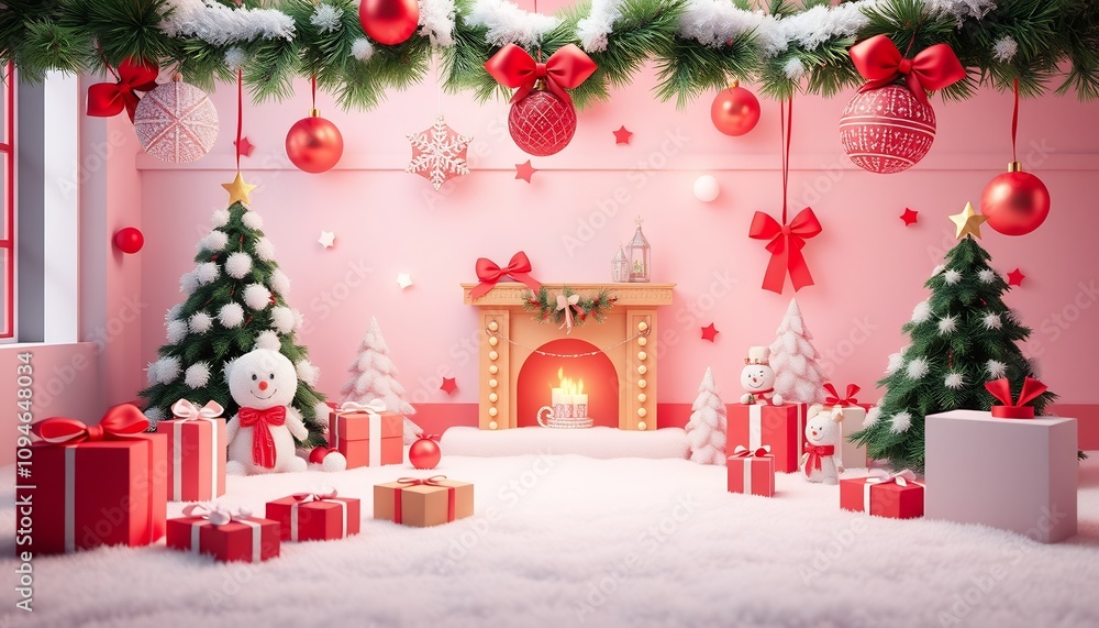 Festive Christmas scene with fireplace, snow, and presents. Festive Christmas scene with fireplace, snow, and presents.