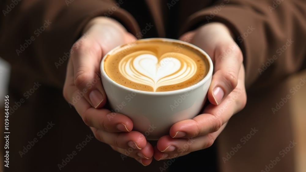 female hands holding a cup of warm coffee decorated with a charming heart-shaped design female hands holding a cup of warm coffee decorated with a charming heart-shaped design