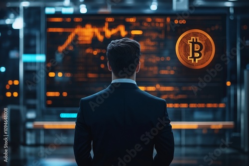 Bitcoin Investor: A man in a suit stands before large screens displaying Bitcoin price charts and the Bitcoin logo.