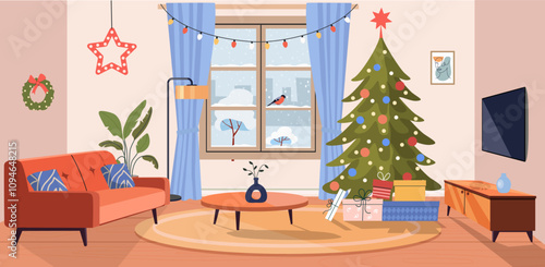 Living room Christmas interior. Comfortable sofa, Christmas tree,  window and TV. Vector flat illustration