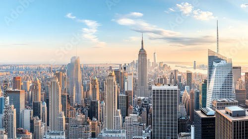 A stunning skyline view of a bustling city at sunset, showcasing iconic skyscrapers against a backdrop of colorful clouds.
