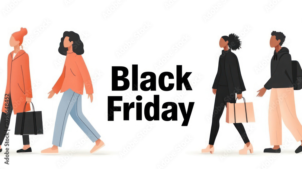 Shoppers Celebrating Black Friday with Trendy Outfits and Shopping Bags, Illustrating the Excitement and Energy of Retail Sales and Discounts Shoppers Celebrating Black Friday with Trendy Outfits and Shopping Bags, Illustrating the Excitement and Energy of Retail Sales and Discounts