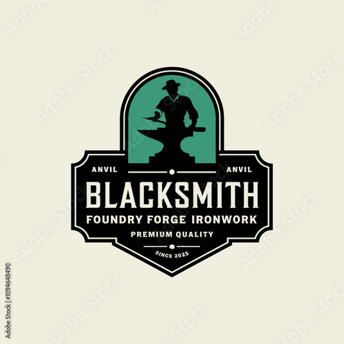 Vintage Retro Rustic Logo Vector Blacksmith, Iron Anvil, Foundry Forge Ironwork.