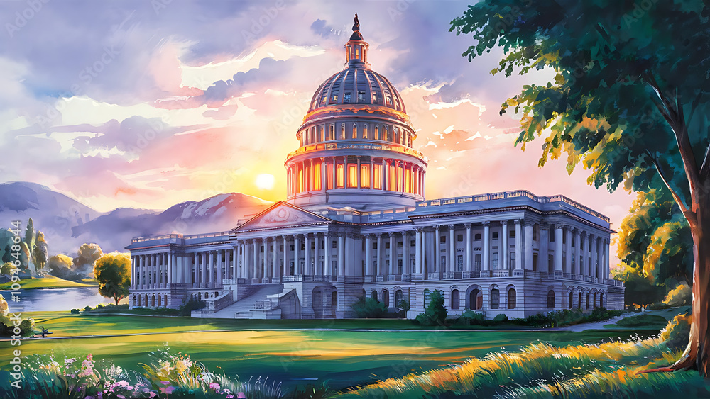 Fototapeta premium most beautiful water color of California State Capitol, highly details