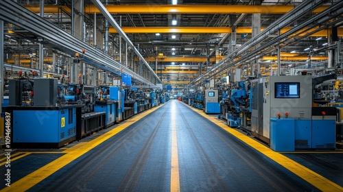 Industrial Factory Interior with Rows of Machinery