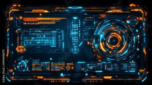 Futuristic Digital Interface with Glowing Orange and Blue Hues in 3D Render. AI Generated photo