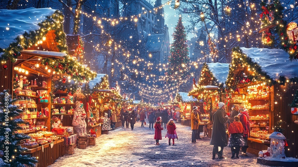 Happy children enjoying christmas market during snowfall in a european city Happy children enjoying christmas market during snowfall in a european city